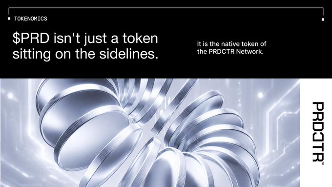 A cryptocurrency promotional graphic displays "$PRD isn't just a token sitting on the sidelines" with text explaining it is the native token of the PRDCTR Network, alongside metallic 3D token imagery and the PRDCTR logo.