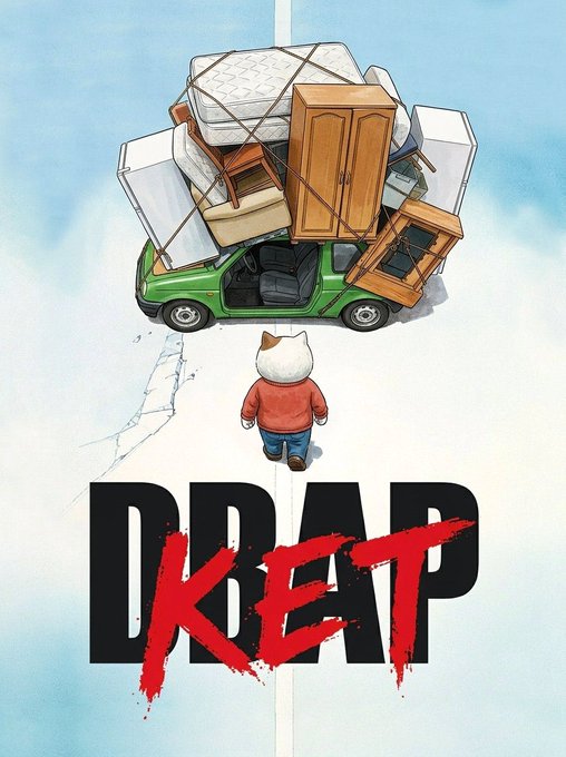 The illustration depicts a small figure in a cat-eared hoodie walking toward a battered green car precariously overloaded with a massive, rope-tangled stack of furniture including mattresses, cabinets, and drawers, with the word "DRAP" struck through by a red "KEAP." It visually satirizes the post's reference to "Ket," portraying chaotic hoarding and disordered carrying as a humorous metaphor for precarious, overhyped narratives.