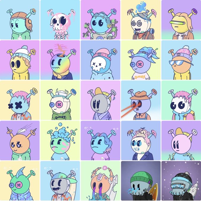 A grid of 25 cartoon characters with antennas and various hats, in pastel colors.