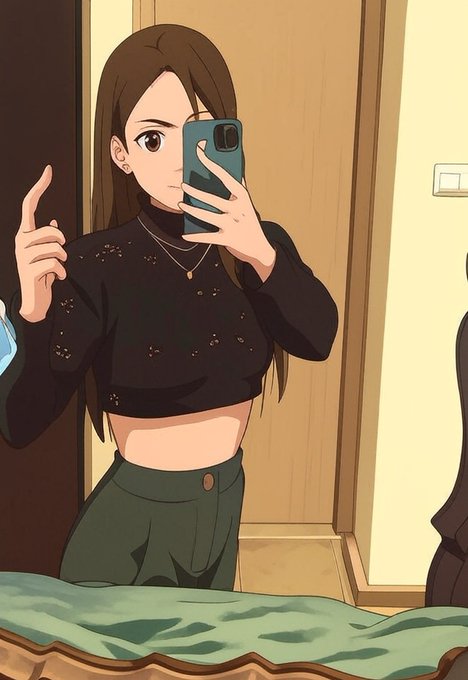 An anime-style illustration of a young woman with brown hair taking a selfie in a mirror, wearing a black cropped top and olive green pants.