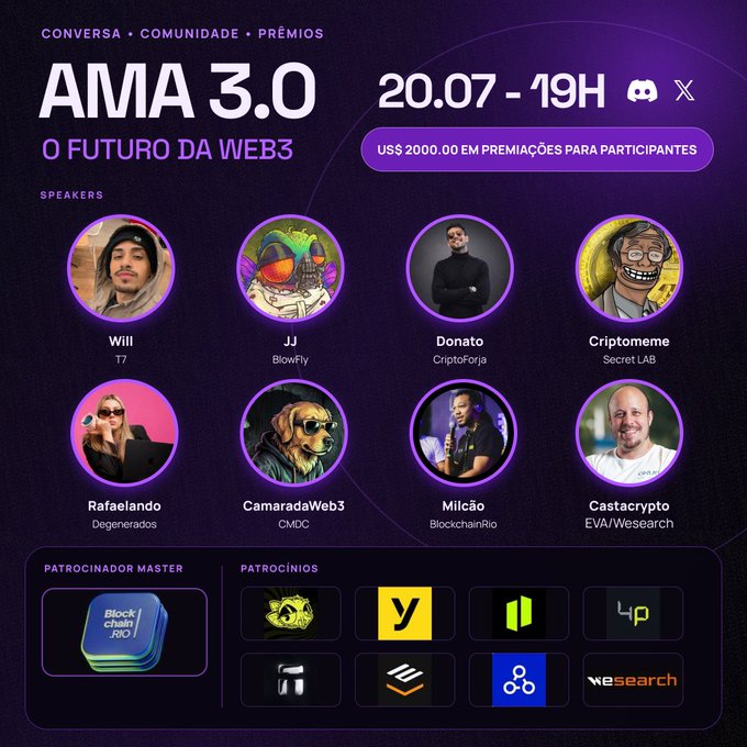A promotional poster for 'AMA 3.0 - O Futuro da Web3' event on 20.07 at 19H, featuring speakers Will (T7), JJ (Blowfly), Donato (CriptoForja), Criptomeme (Secret LAB), Rafaelando (Degenerados), CamaradaWeb3 (CMDC), Milcão (BlockchainRio), and Castacrypto (EVA/Wesearch), with US$ 2000 in prizes.
