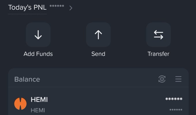 The image shows a crypto wallet interface displaying a "Today's PNL" section with masked account numbers, action buttons for Add Funds, Send, and Transfer, and a Balance section showing HEMI holdings. The screenshot supports the post by highlighting HEMI as a portfolio holding, with the "Today's PNL" header implying the user is showcasing their profit-and-loss performance on this token.