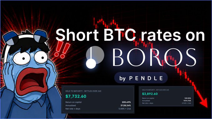 This image promotes "Short BTC rates on BOROS by PENDLE," showing a cartoon character with a shocked expression and charts indicating potential returns like "3128.24% Annualised" and "5.88% x 24d." The visual of a red downward trending stock chart and the character's reaction likely emphasize the high risk and potential reward associated with this trading strategy.