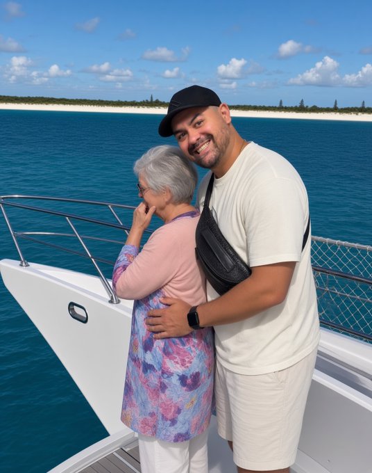 A young man in a black cap embraces an older woman with gray hair while posing on a yacht with turquoise waters and a sandy shoreline in the background, smiling at the camera. The post humorously claims the boat is a "crypto-funded" reward, playing on internet culture about selling crypto for impressive flexes.