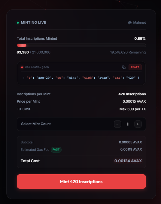 A dark-themed cryptocurrency minting interface with 'MINTING LIVE' status, showing 63,380/21,000,000 inscriptions minted (0.89%) for 420 inscriptions at 0.00015 AVAX each, with a 'Mint 420 Inscriptions' button.