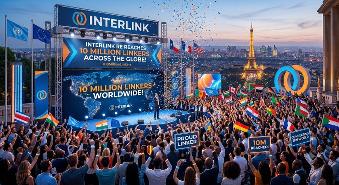 A wide shot of a large outdoor stage and crowd event for 'INTERLINK' with screens reading 'INTERLINK REACHES 10 MILLION LINKERS ACROSS THE GLOBE!' and '10 MILLION LINKERS WORLDWIDE!', featuring people waving various national flags with the Eiffel Tower in the background.