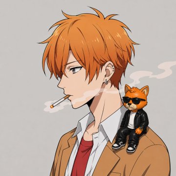 Anime-style illustration of an orange-haired boy smoking a cigarette, with a small fox character in sunglasses sitting on his shoulder.