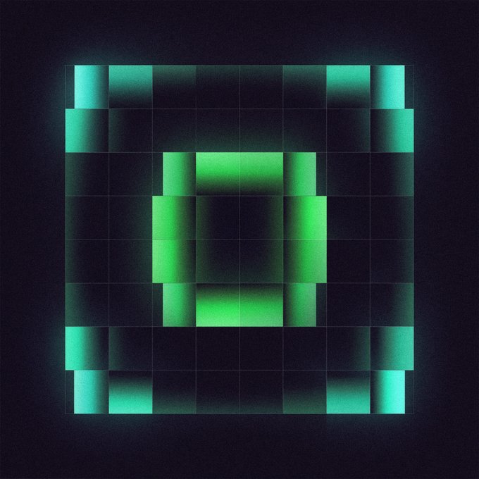 An abstract digital artwork featuring a glowing green, pixelated square design resembling a blocky character face or logo against a dark background.