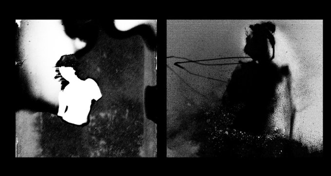 A black and white, blurry, double-exposure style photograph showing silhouettes, possibly a person and a dog, with film border effects.