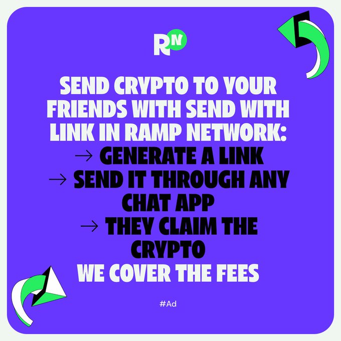 A purple advertisement for Ramp Network explains how to 'SEND CRYPTO TO YOUR FRIENDS WITH SEND WITH LINK': 'GENERATE A LINK', 'SEND IT THROUGH ANY CHAT APP', 'THEY CLAIM THE CRYPTO', and 'WE COVER THE FEES', marked as #Ad.