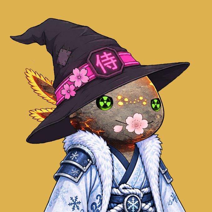 Digital artwork of a cute axolotl character wearing a black witch hat with a pink band featuring the Chinese character 侍 (侍), cherry blossoms, and a blue floral robe.