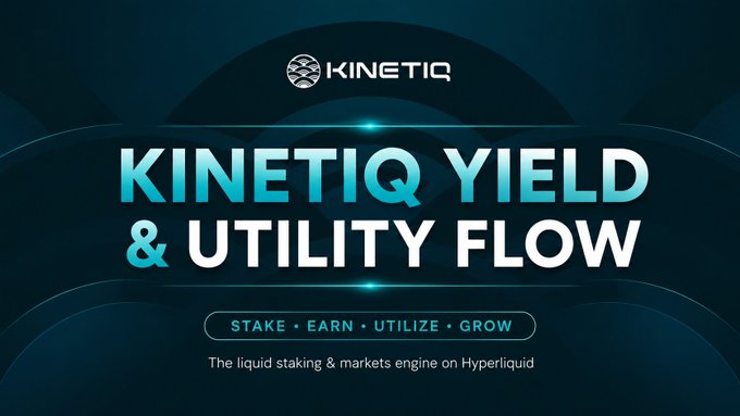 The image is a promotional graphic for **Kinetiq**, featuring the text "KINETIQ YIELD & UTILITY FLOW" and the tagline "STAKE • EARN • UTILIZE • GROW," describing it as "The liquid staking & markets engine on Hyperliquid." It visually ties to the post's discussion of Kinetiq's massive deposit base on Hyperliquid contrasted with its small $KNTQ market cap, highlighting the yield-generating and utility-focused product that the token is meant to govern.