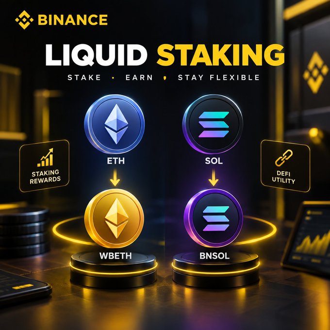 A Binance promotional graphic illustrating liquid staking, showing the conversion process where staking $ETH yields WBETH and staking $SOL yields BNSOL, with icons highlighting "Staking Rewards" and "DeFi Utility" benefits. The tagline "LIQUID STAKING — STAKE • EARN • STAY FLEXIBLE" reinforces the message that staked assets remain usable while earning rewards.
