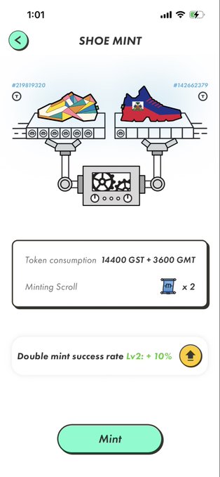A mobile app screen titled "SHOE MINT" showing a sneaker NFT minting interface that consumes 14400 GST + 3600 GMT tokens with a "Mint" button at the bottom.