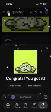 Mobile screenshot of OpenSea showing a pixel art NFT of a rock with the message "Congrats! You got it!" and buttons to view the receipt or profile.