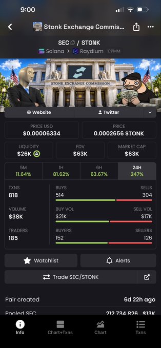A cryptocurrency tracker app displaying the SEC/STONK token pair on the Solana Raydium DEX, showing price, FDV, and market cap stats.