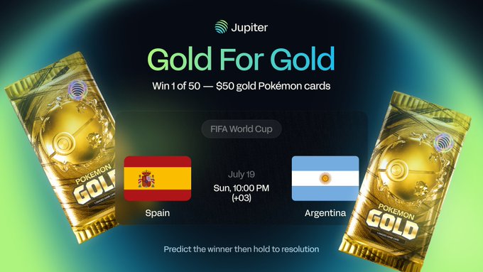 A Jupiter app promotional graphic for a 'Gold For Gold' giveaway, featuring gold Pokémon card packs and a FIFA World Cup match prediction between Spain and Argentina on July 19.