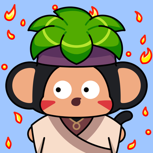 A cartoon character resembling a monkey with large round ears and a surprised expression, wearing a green leafy headpiece and surrounded by small fire flames on a blue background.