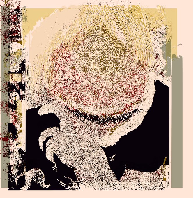 An abstract portrait-style digital artwork featuring swirling fingerprint-like line patterns in cream and yellow tones over black and olive sections.