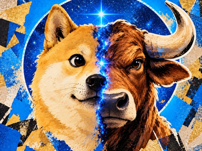 The image is a vibrant split-portrait showing a Shiba Inu (dogecoin mascot) on the left and a highland bull on the right, divided by a glowing cosmic starburst against a celestial blue and gold geometric background. This perfectly visualizes the post's wordplay on "Sirius"—blending "serious" with the Doge Star (Sirius) and "bull season," symbolizing the bullish crypto market surge led by Dogecoin.