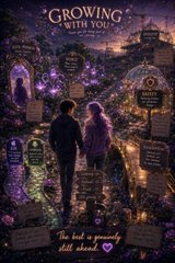 A pixel art scene with the title 'GROWING WITH YOU' at the top and 'The love is growing! Still ahead 💜' at the bottom, depicting two figures holding hands in a magical, purple-hued environment with character portraits.