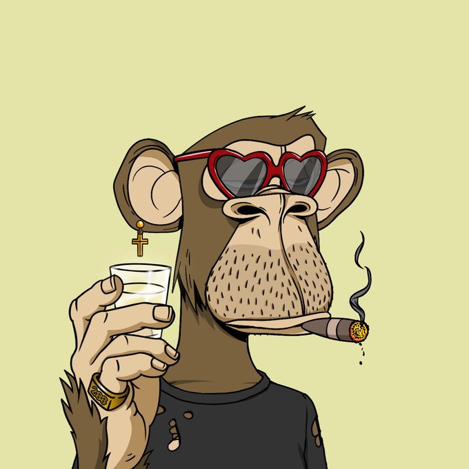 A cartoon illustration shows a brown monkey wearing red heart-shaped sunglasses and a cross earring, smoking a cigar and holding a clear glass of liquid.