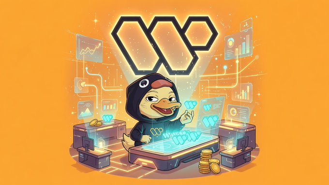 A cartoon duck mascot wearing a black hoodie with 'LP' on it, surrounded by glowing data screens, charts, coins, and a large stylized 'L' logo on an orange background.