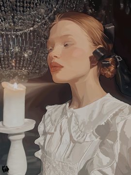 A digital painting or stylized portrait of a fair-skinned person with reddish hair pulled back, wearing a white ruffled blouse, with rosy cheeks, illuminated by a lit candle in the foreground.