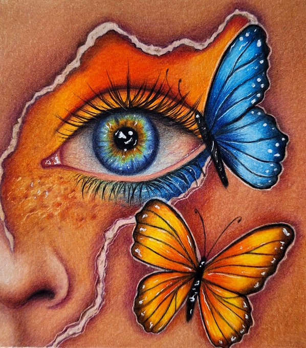 A vibrant painting featuring a close-up of a human eye surrounded by orange and brown tones, with two colorful butterflies—one blue and one orange—depicted near the eye and cheek area.