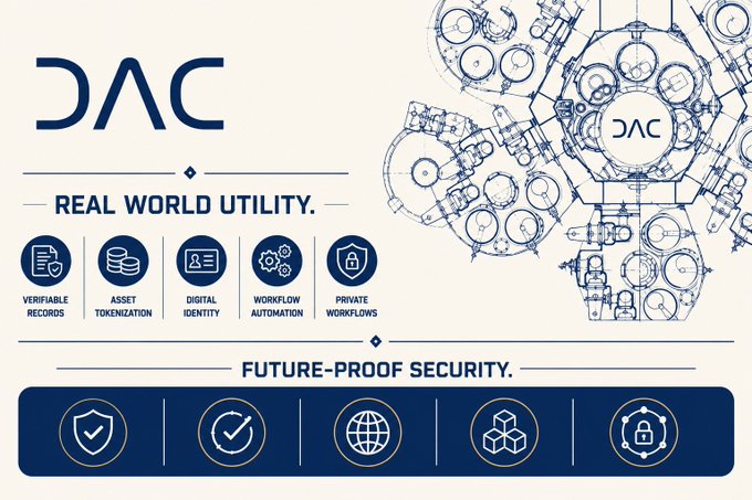A promotional graphic for 'DAC' (Digital Asset Custody) highlighting 'REAL WORLD UTILITY' and 'FUTURE-PROOF SECURITY' with features like verifiable records, asset tokenization, and digital identity.