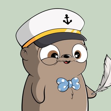 A cartoon character wearing a white captain's hat with an anchor emblem, a blue polka-dot bow tie, and round glasses while holding a white feather quill pen, perfectly capturing the dapper "captain" aesthetic referenced in the post about their character's nautical-themed traits.