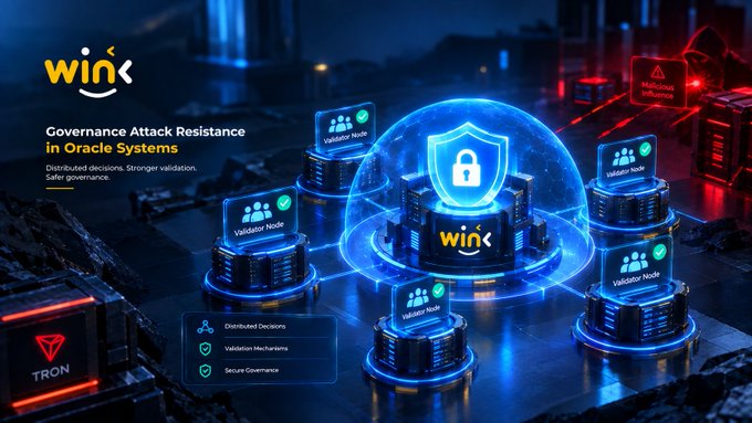 A futuristic tech graphic promoting 'WINK' Governance Attack Resistance in Oracle Systems, featuring a central shield with a padlock surrounded by validator nodes, with key features listed: Distributed Decisions, Validation Mechanisms, and Secure Governance, alongside TRON branding.
