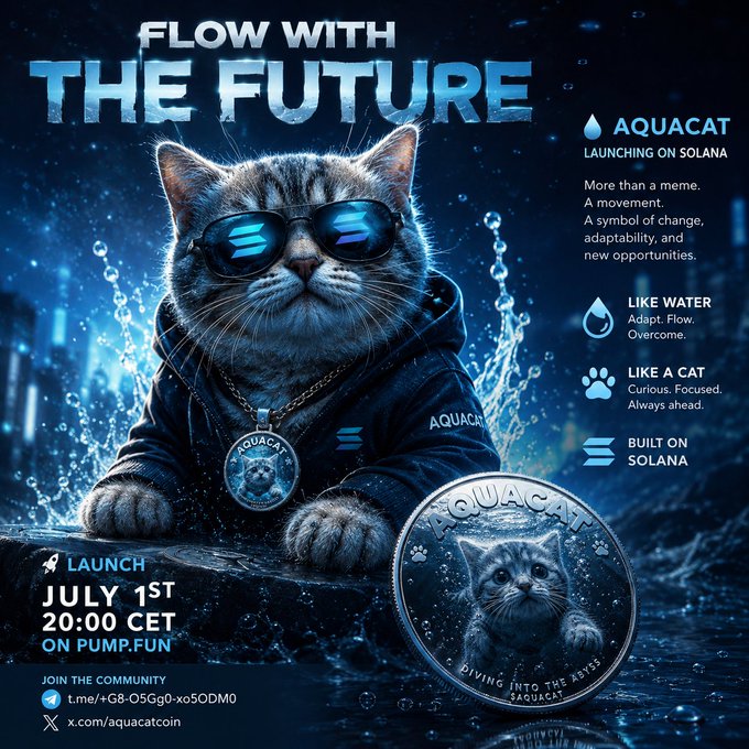 A promotional image for AquaCat, a crypto token launching on Solana via Pump.fun on July 1st at 20:00 CET, features a stylized cat wearing sunglasses and a hoodie alongside the coin's design, with taglines like "Flow with the Future," "Like Water," and "Like a Cat" emphasizing adaptability—directly mirroring the post's theme of AquaCat's clear identity and community-driven vision.