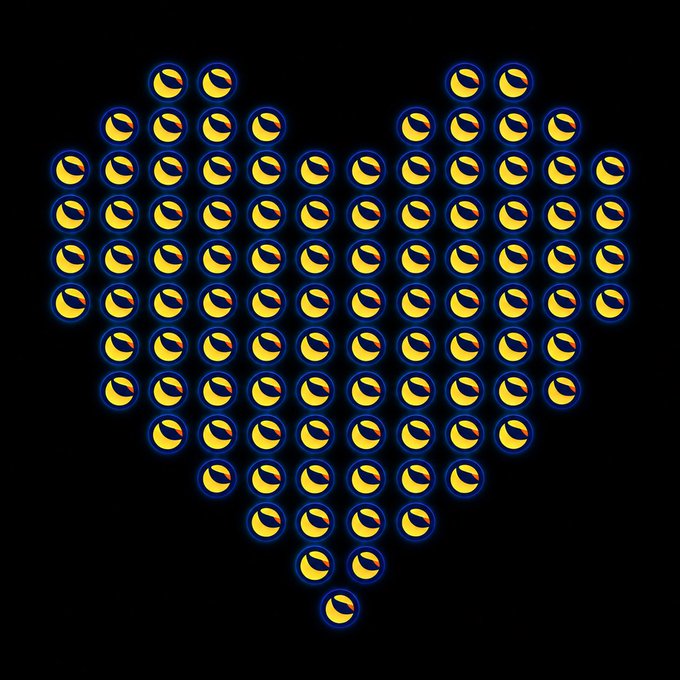 A heart shape composed of numerous yellow circular icons with blue outlines arranged on a black background.