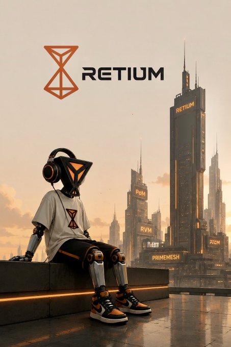 A digital illustration of a robotic figure wearing headphones and sneakers, sitting against a futuristic cityscape with the 'RETIUM' logo and branding for 'PRIMEMESH', 'RVM', and 'PoM'.
