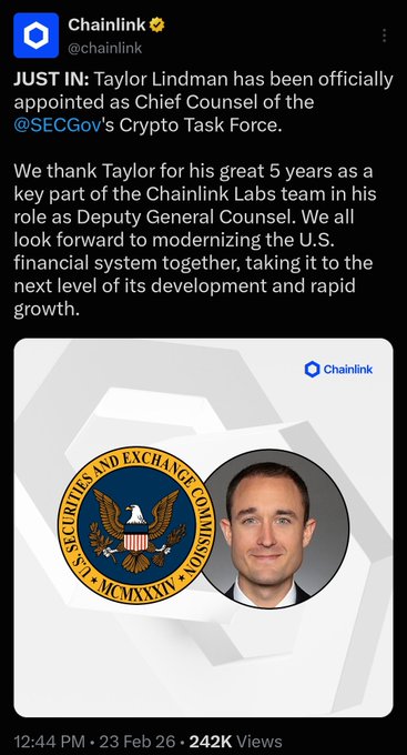 Chainlink (@chainlink) tweet announcing Taylor Lindman's appointment as Chief Counsel of the SEC Gov's Crypto Task Force, featuring the SEC seal and his photo.