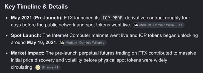 A dark-themed informational slide titled 'Key Timeline & Details' outlining the FTX ICP-PERP derivative contract launch in May 2021, spot launch of Internet Computer tokens, and their market impact, with sources cited from Medium/Binance.