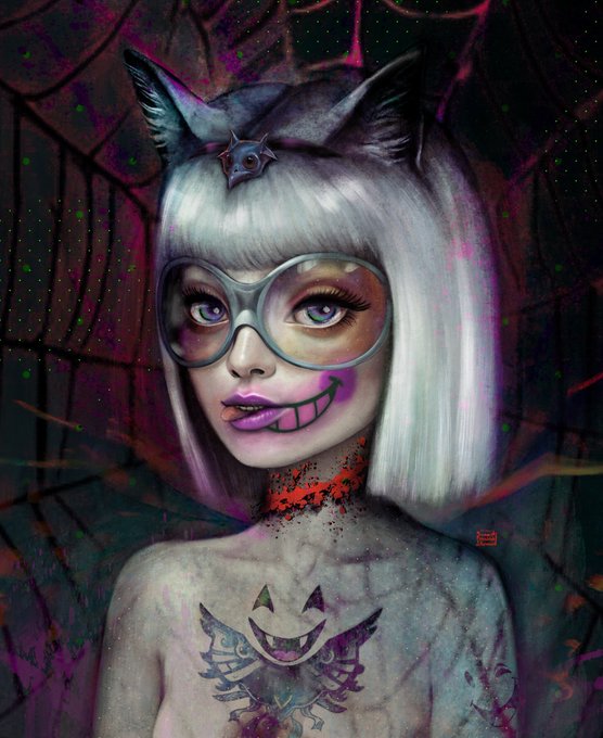 A digital illustration of a stylized girl with white hair, cat ears, and an eyepiece, featuring purple-tinted face paint, a jackalope-like creature tattoo on her chest, set against a dark cosmic background.