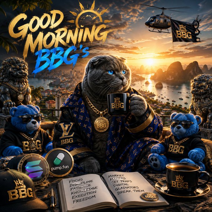 A sunrise promotional graphic titled 'GOOD MORNING BBG's' showing the same gray cat in luxury attire with blue teddy bears, a pump.fun logo, Solana logo, and a book listing values like 'Focus, Discipline, Patience, Knowledge, Execution, Freedom.'