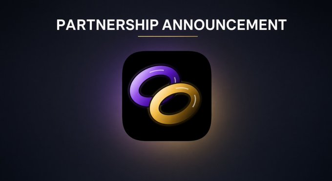 A "PARTNERSHIP ANNOUNCEMENT" graphic displaying an app icon featuring interlocking purple and gold rings against a dark background.