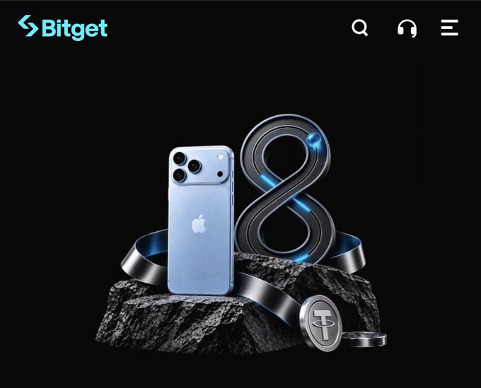 A Bitget promotional graphic featuring a blue iPhone displayed on a dark rock next to a large metallic figure-eight and cryptocurrency coins.