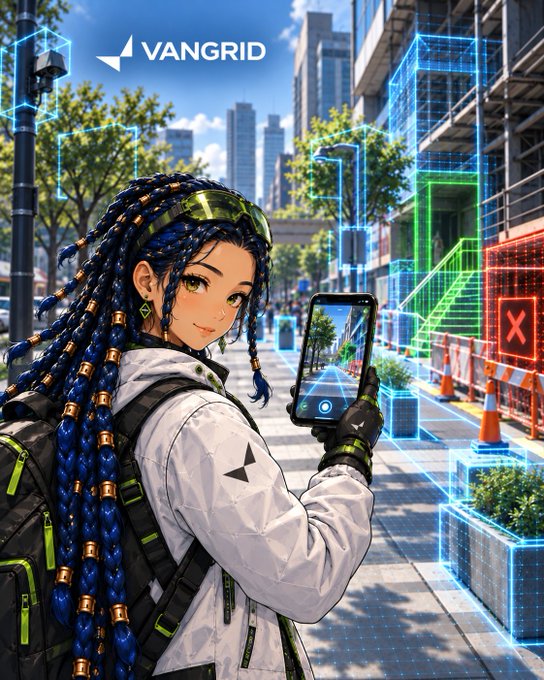 Anime-style illustration of a woman with blue braided hair and green visor holding a smartphone, with 'VANGRID' logo at the top against a futuristic cityscape with holographic green and blue overlays.