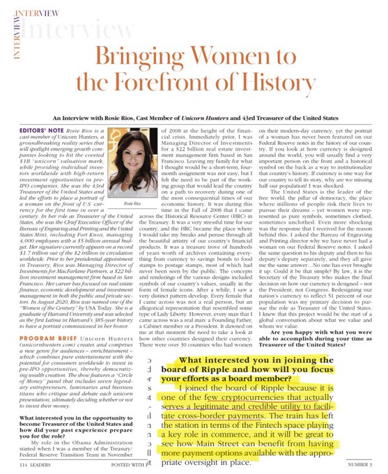 The image shows an article about women being brought to the forefront of history, with a focus on Rosie Rios' involvement as a member of Ripple's board of trustees. The text indicates that this was one of the few cryptocurrencies that actually served a genuine utility in facilitating crossborder payments. The image also includes a yellow title and a caption that reads "July 4th, 2026 ball drop, America 250, Rosie Rios and Ripple. I joined the board of Ripple because it is one of the few cryptocurrencies that actually serves a legitimate and credible utility to facilitate crossborder payments".
