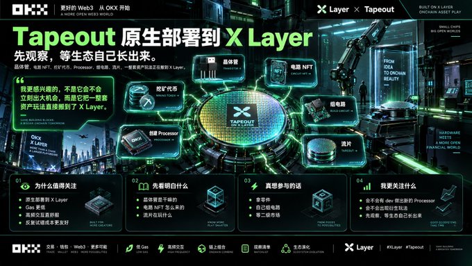 A dark-themed, futuristic promotional graphic for 'Tapeout 原生部署到 X Layer' featuring OKX branding, green neon accents, and various crypto/tech icons including a Processor, NFT, and chip, with Chinese text detailing platform features.