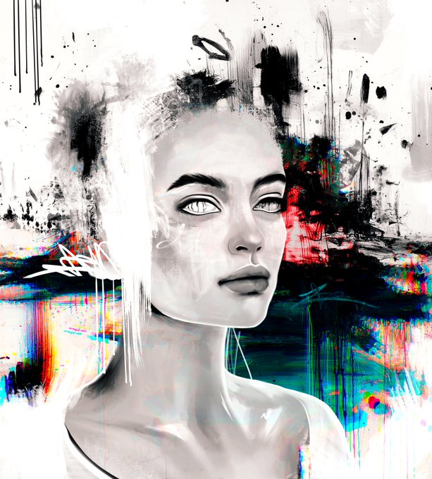 A mixed-media style portrait of a woman with striking white eyes, rendered in grayscale with colorful abstract paint splashes in red, blue, and green.