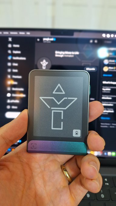 A person's hand holding a small device with a screen displaying a blue triangle, possibly an app icon or a symbol related to the Solanamaxing series of books by J.K. Rowling.