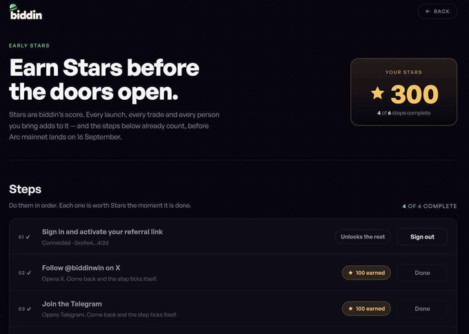 A dark-themed "biddin" interface displays an "Early Stars" program where users earn 300 stars (4 of 6 complete) for completing sequential steps like signing in with referral link 0x5f4...4123, following @biddinwin on X (100 stars earned), and joining the Telegram (100 stars earned), ahead of the Arc mainnet launch on September 16, illustrating the low-effort way to accumulate points for the upcoming Arc ecosystem tokens and memes mentioned in the post.