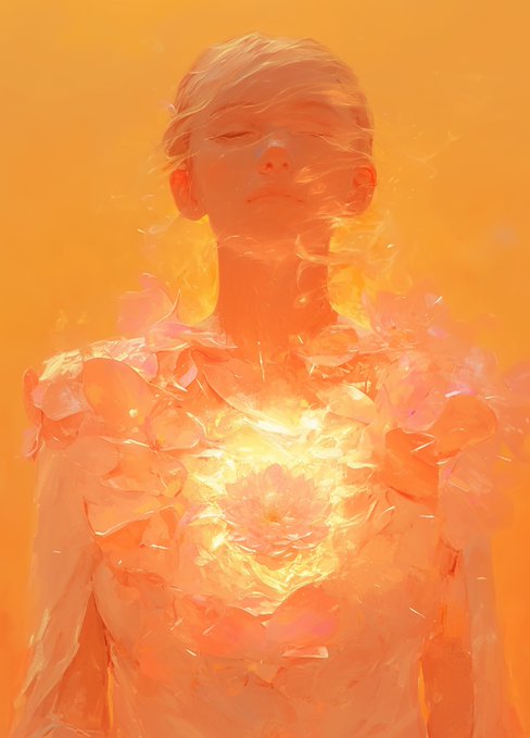 The image features an illustration of a woman wearing a white dress, which has flowers on it. The woman's face is partially obscured by the flowers, giving the impression that she is looking up at the sun. The background of the image is orange, creating a warm and vibrant atmosphere. The post also mentions "Sun in her soul" as an inspiration for the artwork.