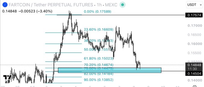 A TradingView chart of FARTCOIN/Tether perpetual futures on MEXC with Fibonacci retracement levels displayed, showing a current price of 0.14848 (-3.40%).