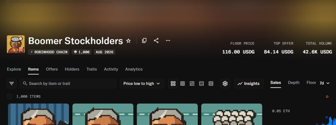 A screenshot of an NFT marketplace page titled 'Boomer Stockholders' on the Robinhood Chain with a floor price of 116.00 USDG, 1,000 items, and pixel-art boomer characters visible in the listings.